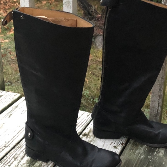 BLACK LEATHER FRYE SNAP BUTTON ZIP KNEE HIGH BOOTS - Picture 4 of 7